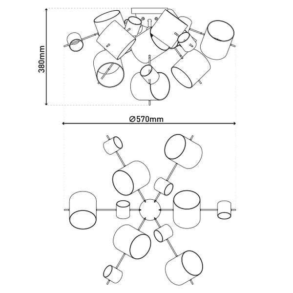 Technische Zeichnung einer Deckenleuchte mit den Maßen 380 mm Höhe und 570 mm Durchmesser.