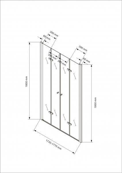 Technische Zeichnung einer Duschkabine mit Maßangaben.