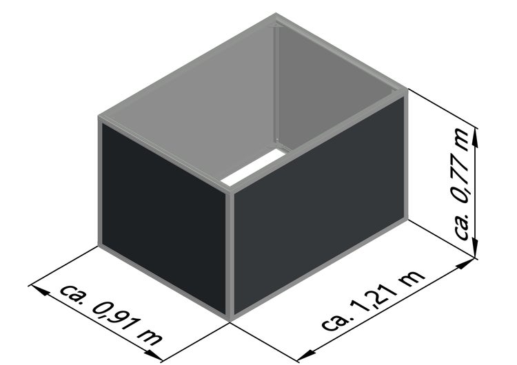 Rechteckiges Hochbeet mit den Maßen: Länge circa 1,21 Meter, Breite circa 0,91 Meter und Höhe circa 0,77 Meter.