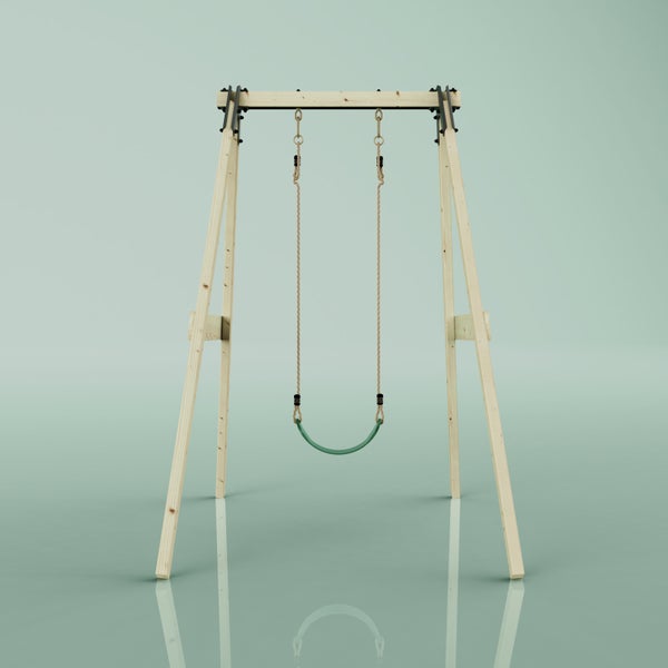 Einzelschaukel aus Holz mit grünem Schaukelsitz an Seilen.