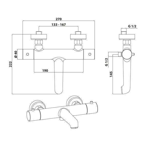 SCHÖNER WOHNEN-Kollektion Wannenthermostat DICU, Mattschwarz, Badewannenarmatur mit Thermostat Verbrühschutz, Mischbatterie für Badewanne
