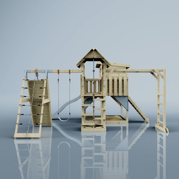 Holzspielturm mit Schaukel, Rutsche und Kletterwand für den Garten