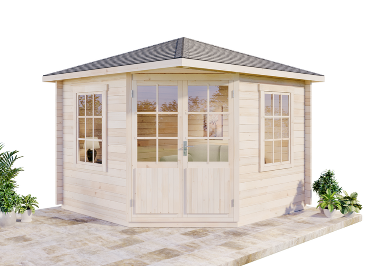 Alpholz 5-Eck Gartenhaus Monica aus Massiv-Holz, Gerätehaus mit 28 mm Wandstärke, Garten Holzhaus inklusive Montagematerial, Geräteschuppen Größe: 300 x 300 cm, Spitzdach