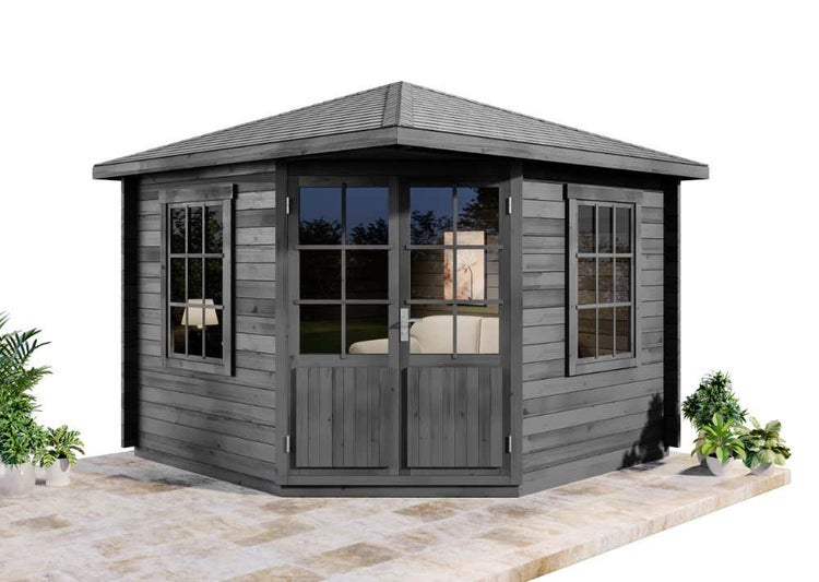 Sechseckiges Gartenhaus mit Fenstern und Doppeltür