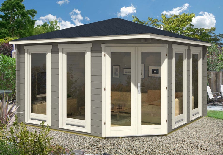 Alpholz 5-Eck Gartenhaus Maja aus Massiv-holz, Gerätehaus mit 70 mm Wandstärke ohne Imprägnierung, Garten Holzhaus inklusive Montagematerial, Geräteschuppen Größe: 400 x 400 cm, Spitzdach
