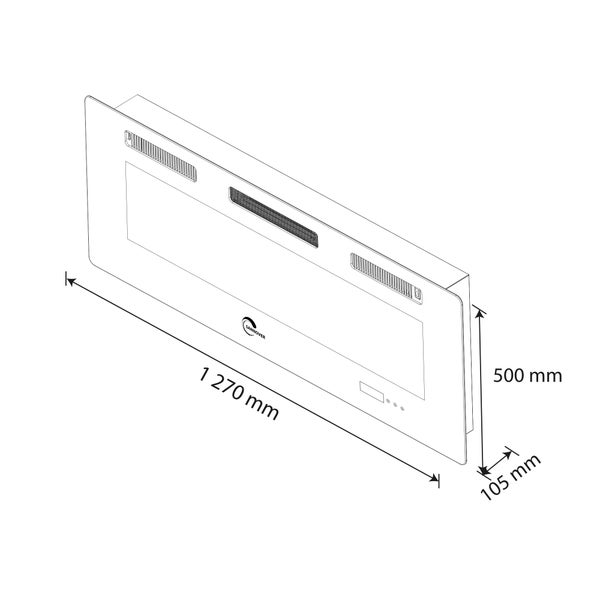 Technische Zeichnung eines Heizgeräts mit den Maßen 1270 mm Länge, 500 mm Höhe und 105 mm Tiefe.