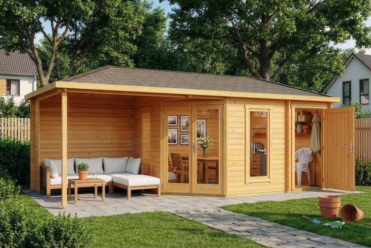 Großes Gartenhaus aus Holz mit überdachter Terrasse, Doppelflügeltür aus Glas, Fenster und separater Holztür im grünen Garten.