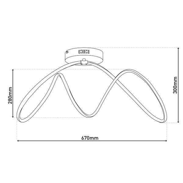 Technische Zeichnung einer Deckenleuchte mit den Maßen 670 Millimeter Länge, 280 Millimeter und 300 Millimeter Höhe.