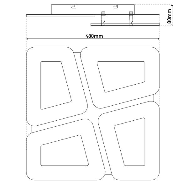 Technische Zeichnung der Deckenleuchte, 480 mm breit und 80 mm hoch