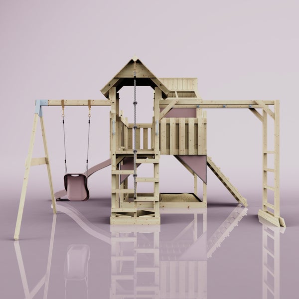 Spielturm aus Holz mit Schaukel und Rutsche