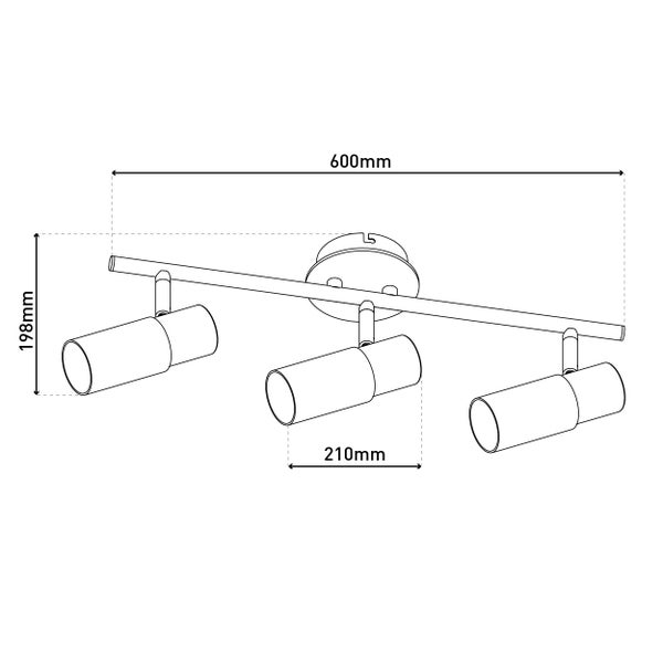 Technische Zeichnung einer Deckenleuchte mit drei Strahlern und Maßangaben.