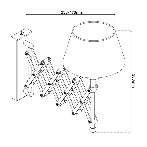 Technische Zeichnung einer Wandleuchte mit Schirm und Scherenarm, Abmessungen 230 bis 490 mm und 330 mm Höhe.