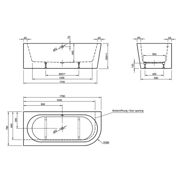 Technische Zeichnung einer Badewanne mit Maßen