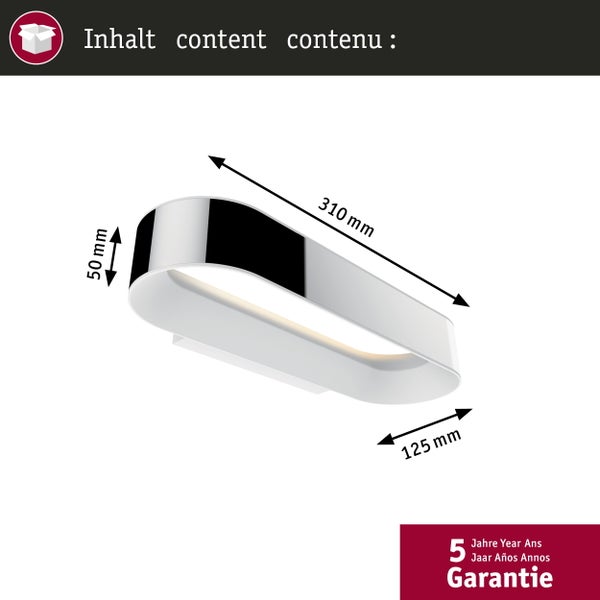 Technische Zeichnung einer ovalen LED Wandleuchte mit Bemaßung von 310 mal 125 mal 50 Millimeter und Angabe zur 5 Jahre Garantie.
