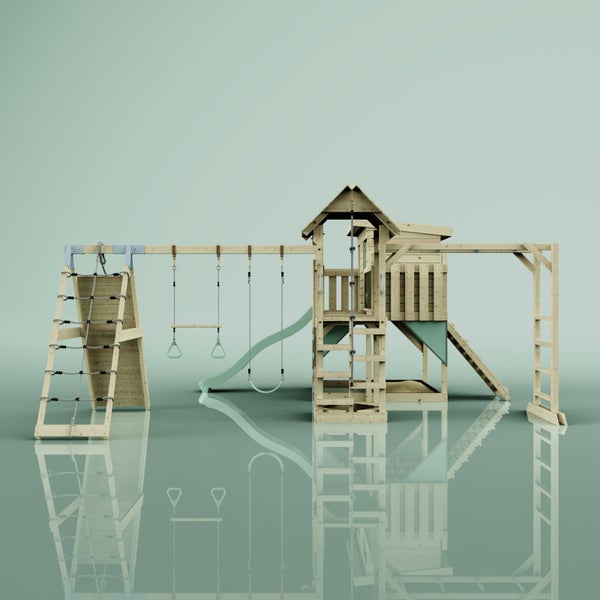 Holzspielplatz mit Rutsche, Schaukel und Klettergerüst