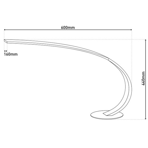 Technische Zeichnung einer Tischleuchte mit den Maßen 600 mm Länge, 440 mm Höhe und 160 mm Tiefe