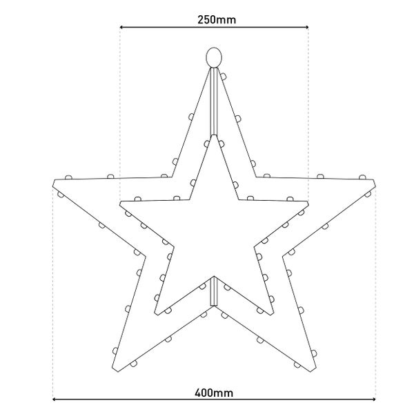 Abbildung eines LED-Sterns mit den Maßen 250 mm x 400 mm.