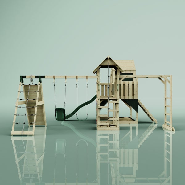 Spielplatz mit Schaukel, Rutsche, Kletterwand und Spielhaus aus Holz