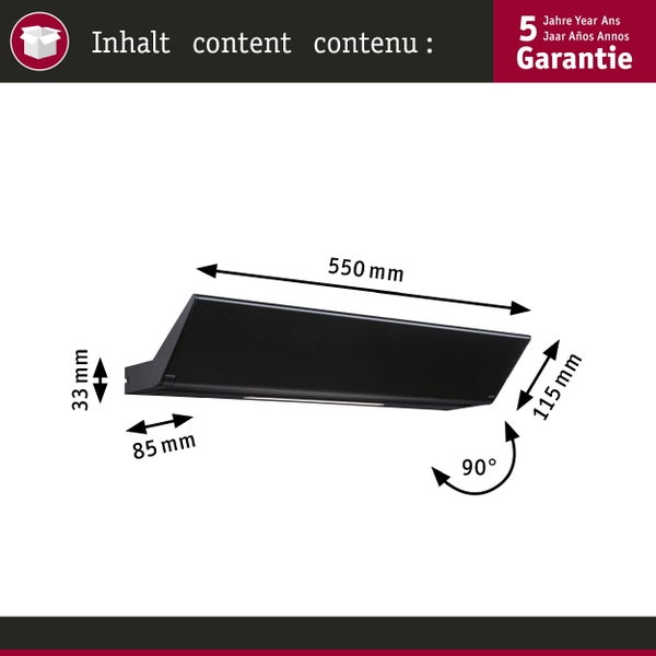 Technische Zeichnung einer schwenkbaren LED Wandleuchte mit Bemaßung und Hinweis auf fünf Jahre Garantie.