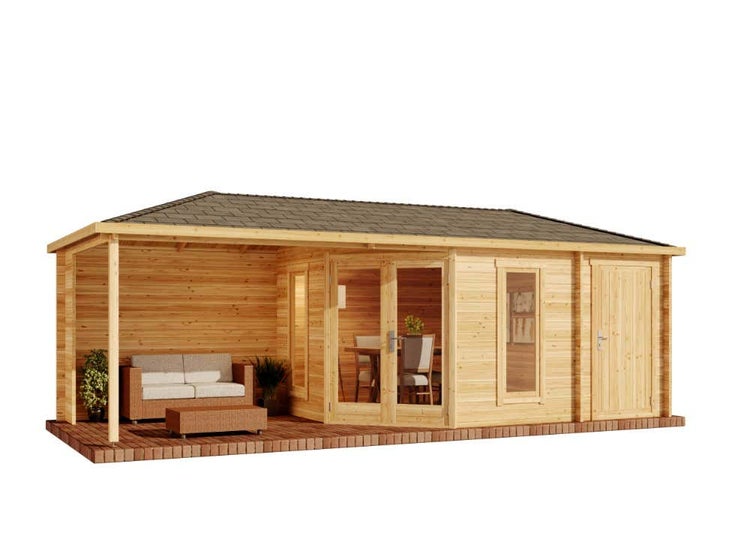 Alpholz 5-Eck Gartenhaus Liwa mit Anbau aus Holz in Imprägnierung Pinie mit 40mm Wandstärke und Überdachter Terasse