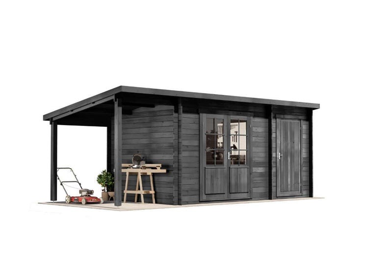 Modernes Gartenhaus mit Flachdach, Doppeltür mit Glasausschnitt, Einzeltür und großem seitlichen Anbaudach.
