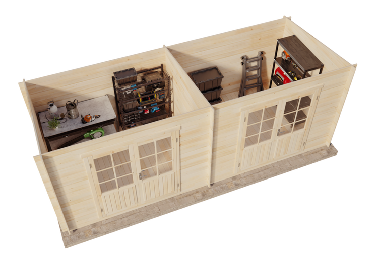 Holzgartenhaus mit Werkbank und Regalen zur Aufbewahrung von Gartengeräten