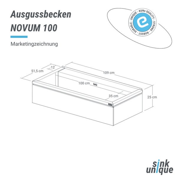 Marketingzeichnung Ausgussbecken NOVUM 100 (Länge 109 Zentimeter, Breite 51,5 Zentimeter, Höhe 25 Zentimeter). KUNe Logo.