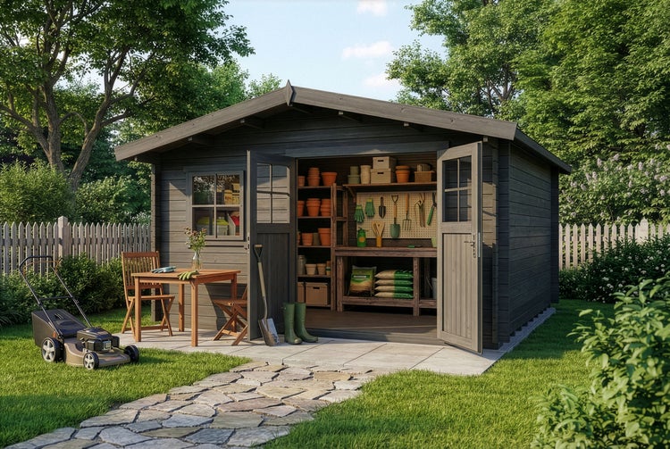 Gartenhütte mit geöffneten Türen, Regalen, Werkzeugen und Gartengeräten in einem Garten