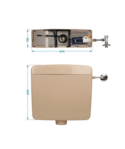 Calmwaters® Spülkasten Beige mit Spül-Stopp-Funktion, 6-9 Liter Spülmenge, Aufputzspülkasten WC schmal, flacher Spülkasten Elements, Aufputz-Montage, Start-Stopp-Taste, Beige-Bahamabeige, 29HB2716