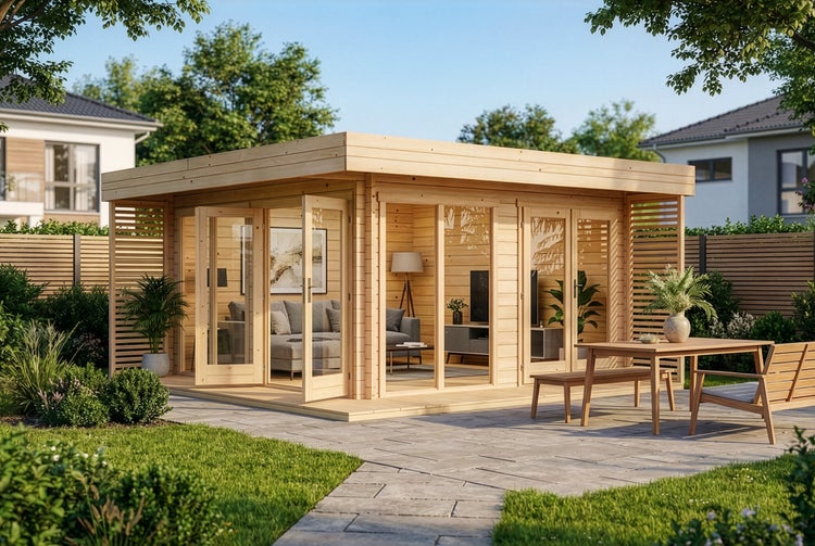 Modernes Gartenhaus aus hellem Holz mit Flachdach, großen Glasfronten und einer Terrasse mit Sitzgruppe in einem hellen Garten.