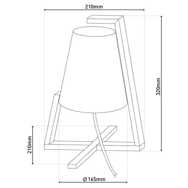 Technische Zeichnung einer Tischleuchte mit den Maßen 210 mm, 320 mm und einem Durchmesser von 165 mm.