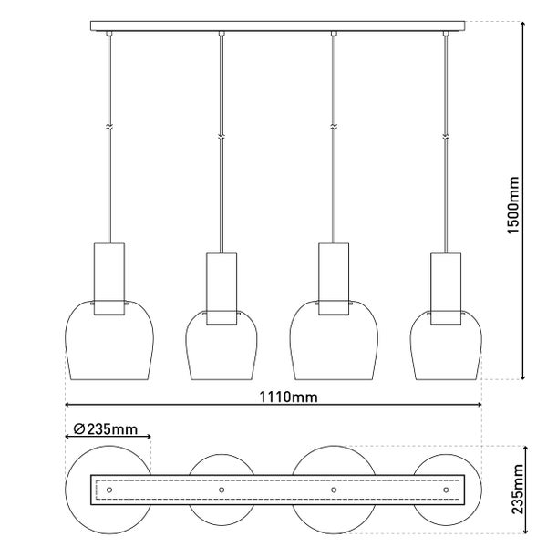 Technische Zeichnung einer Pendelleuchte mit vier Lampen und Maßangaben