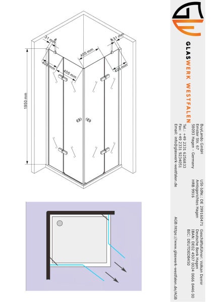 Technische Zeichnung einer Eckdusche mit Maßangaben