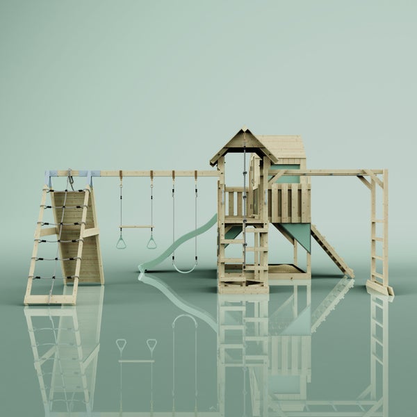 Spielturm aus Holz mit Rutsche, Schaukel und Klettergerüst