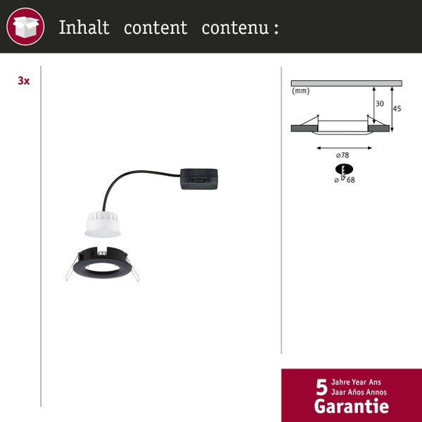 LED Einbauleuchte Nova Coin Basisset starr IP44 rund 78 mm Coin 3x6W 3x470lm 230V 2700K Schwarz matt
