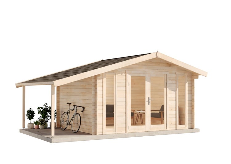 Modernes Gartenhaus aus hellem Holz mit Satteldach, einer Doppelflügeltür aus Glas und einem integrierten seitlichen Schleppdach.