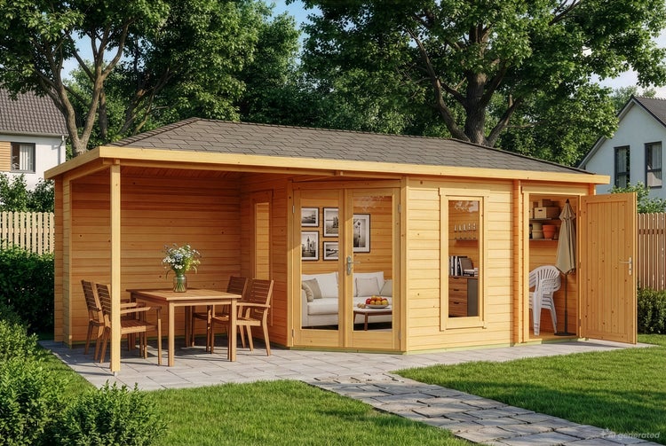 Modernes Gartenhaus aus Holz mit überdachter Terrasse, großflächigen Fenstern und integriertem Abstellraum in einem grünen Garten.