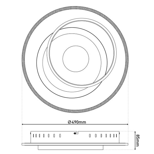Technische Zeichnung einer Deckenleuchte mit den Maßen 490 mm Durchmesser und 85 mm Höhe