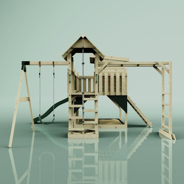 Spielturm aus Holz mit Schaukel, Rutsche, Kletterwand und Sandkasten