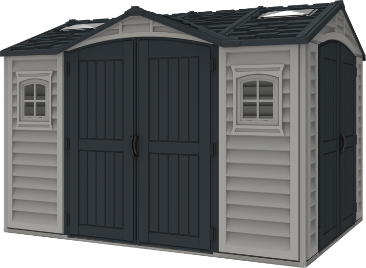 Duramax Gerätehaus aus Kunststoff mit Satteldach, Doppeltüren an Front und Seite, zwei Fenstern und Oberlichtern.