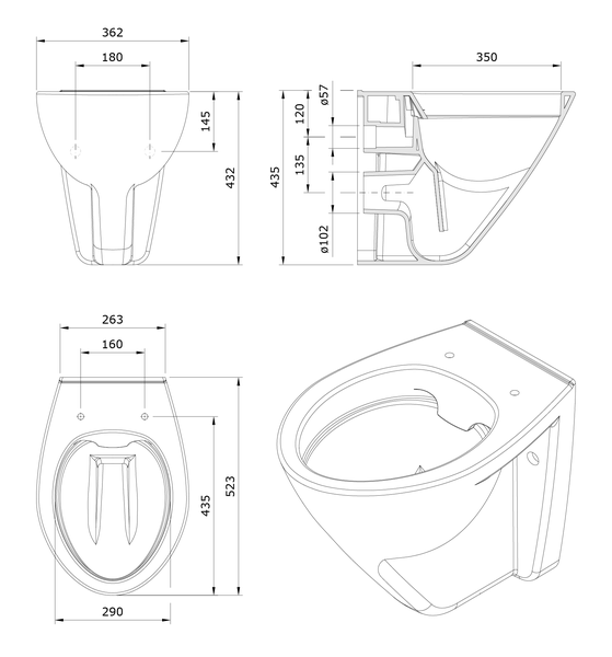 Technische Zeichnung eines Wand-WCs mit Maßangaben