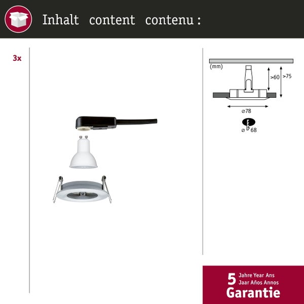 LED-Einbauleuchte Nova im 3er-Set mit 75 Millimeter Einbautiefe, inklusive austauschbarem GU10-Leuchtmittel für 230 Volt Direktanschluss.