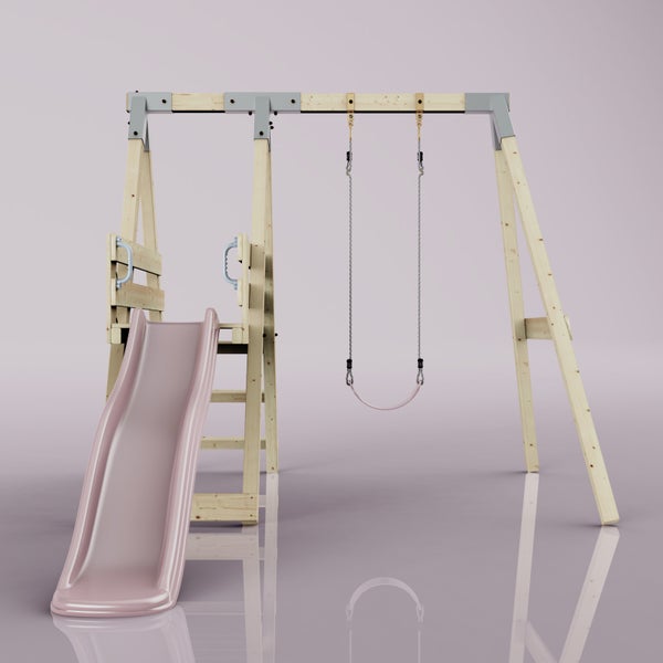 Gartenschaukel aus hellem Holz mit einer rosa Wellenrutsche und einem rosa Schaukelsitz.