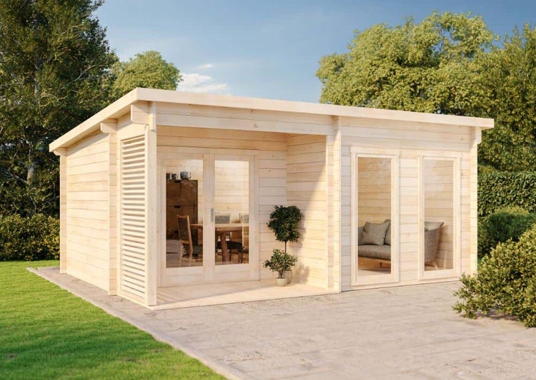 Alpholz Gartenhaus Orkus-44 Gartenhaus aus Holz in Pinie, Holzhaus mit 44 mm Wandstärke inklusive Terrasse Blockbohlenhaus imprägniert 5,4x4,2m