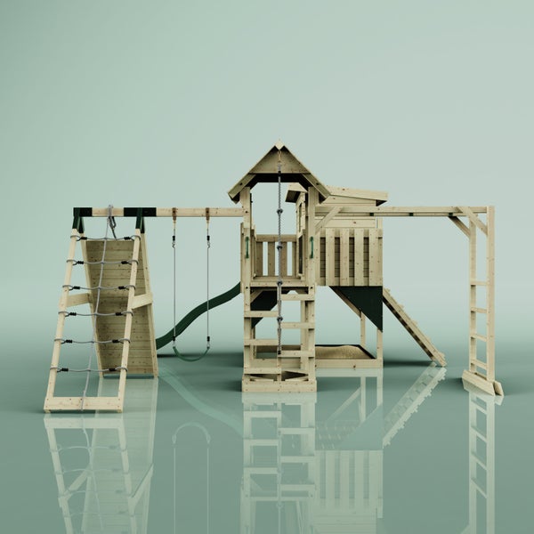 Spielplatz aus Holz mit Rutsche, Schaukeln und Klettergerüst