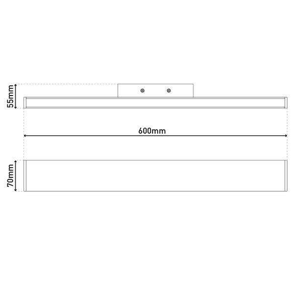 Technische Zeichnung einer 600 mm langen Leuchte mit Maßen