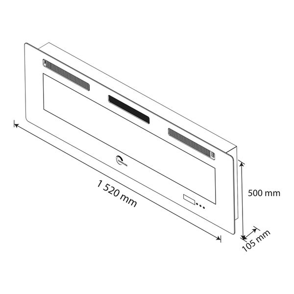 Abbildung eines Elektrokamins mit den Maßen 1520 mm Breite, 500 mm Höhe und 105 mm Tiefe.