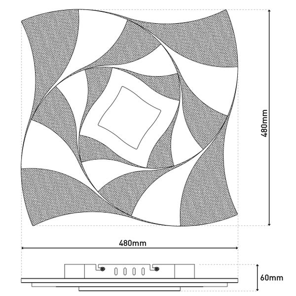 Technische Zeichnung einer 480 Millimeter großen Deckenleuchte mit geometrischem Muster und 60 Millimeter Höhe.