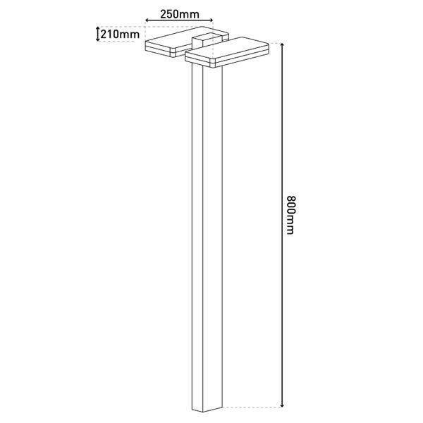 Abmessungen einer Pfostenhalterung mit den Maßen 210 mm mal 250 mm und einer Höhe von 800 mm.