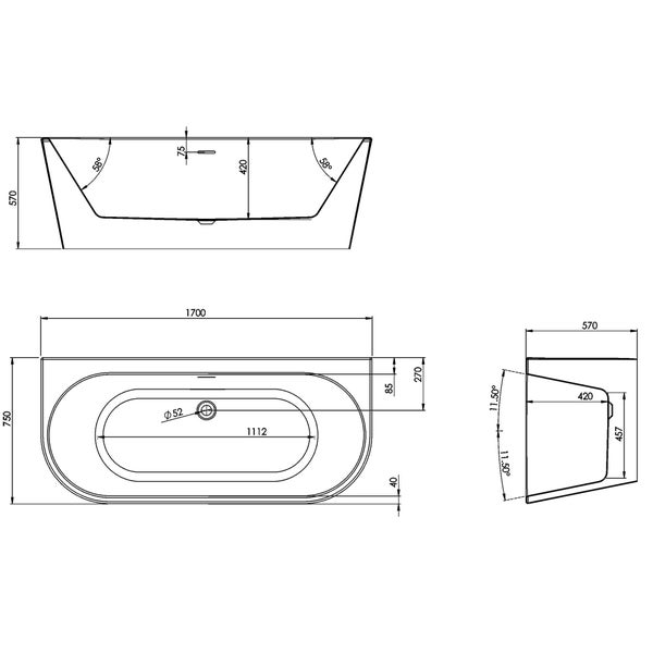 Technische Zeichnung einer Badewanne mit Maßangaben